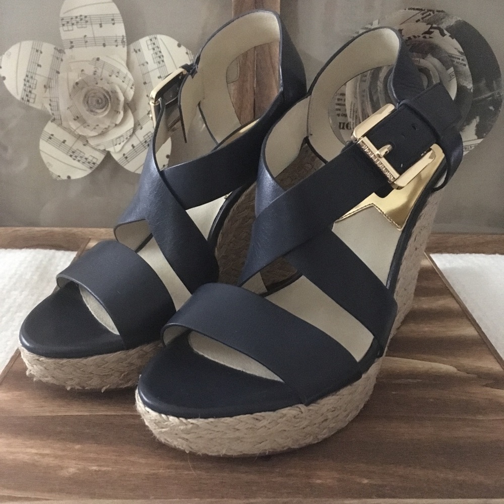 Michael Kors Black Wedge Heels with Gold Accents